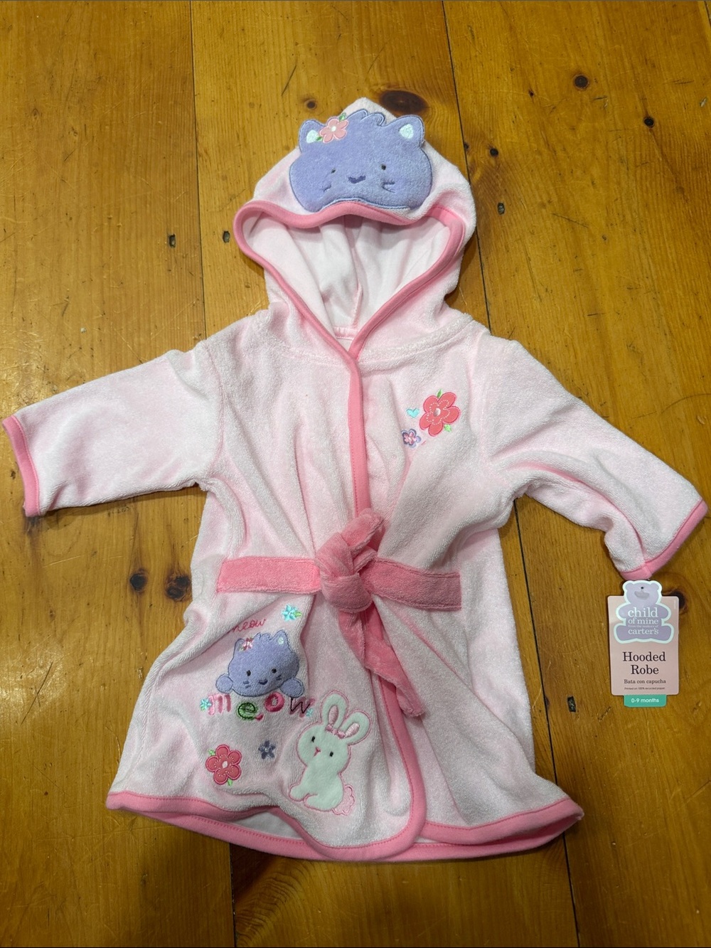 Carter's Light Pink Hooded Baby Robe Animal Appliqués size Infant 0-9 months